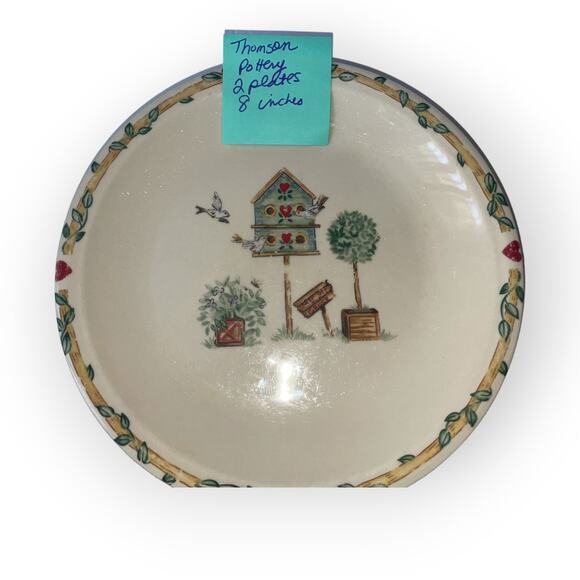 Vintage Set of 2 Thomson Pottery 7.5" salad bread plates Birdhouse hearts vines - Picture 3 of 3